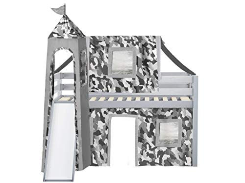 Jackpot! Castle Low Loft Bed With Slide Gray Camo Tent And Tower, Loft Bed, Twin, Gray #TOP3