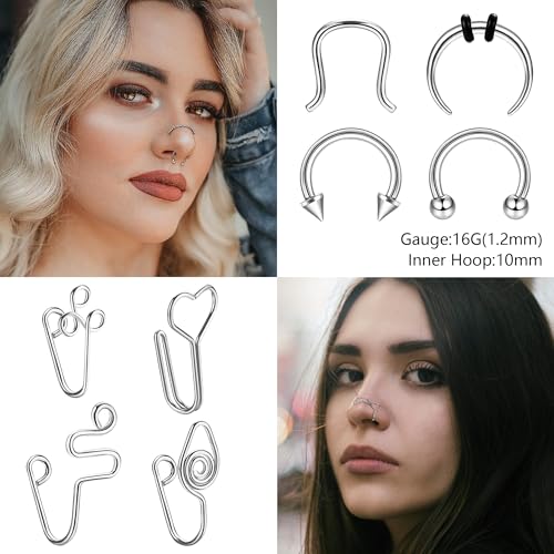 20G Nose Rings Studs with Chains African Nose Ring Cuff Horseshoe Septum Rings Stainless Steel Star Heart Nose Ring Chain Piercing Jewelry Set for Women Men3