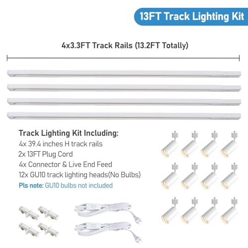 Hiiglxii Plug in Track Lighting with Power Cord, 12-Light LED Track Lighting Kit with Rail, Modern Kitchen GU10 Track Lighting Fixtures Plug in Ceiling Light with Two 13FT Plug Cord, White (No Bulbs)