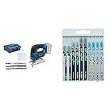 Set completo y práctico Bosch Professional GST 18 V-LI - Sierra inalámbrica sin batería + Bosch 2607010630 - Hojas de sierra de calar Basica para Metal y Madera