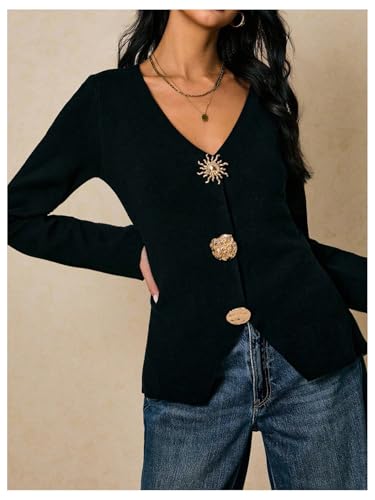 GORGLITTER Women's Button Up Cardigan Peplum Metal Sweaters V Neck Long Sleeve Open Front Cardigans4