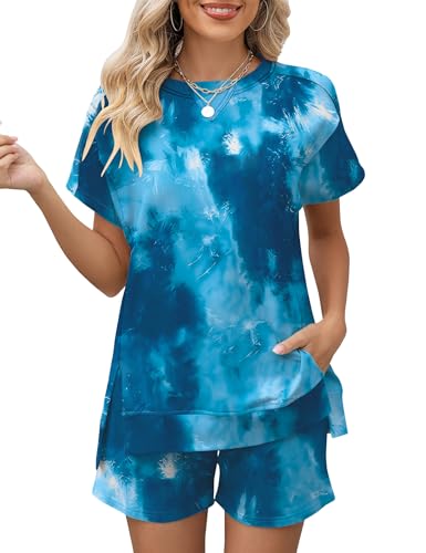 Image of LOMON Womens Fashion 2 Piece Outfits Sweatsuits 2026 Summer Short Sleeve Loungewear Tracksuit Round Neck Lounge Shorts Sets