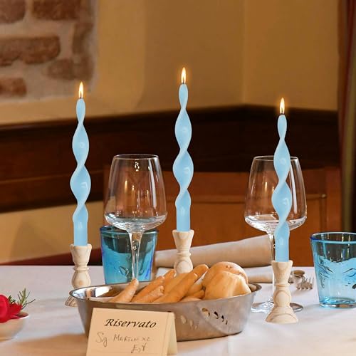 Image of Smokeless Blue Spiral Taper Candle Handmade Unscented Candlesticks 10 Inch Long Twisted Candles for Candlelight Dinner Holidays Home Decor 2 Pcs