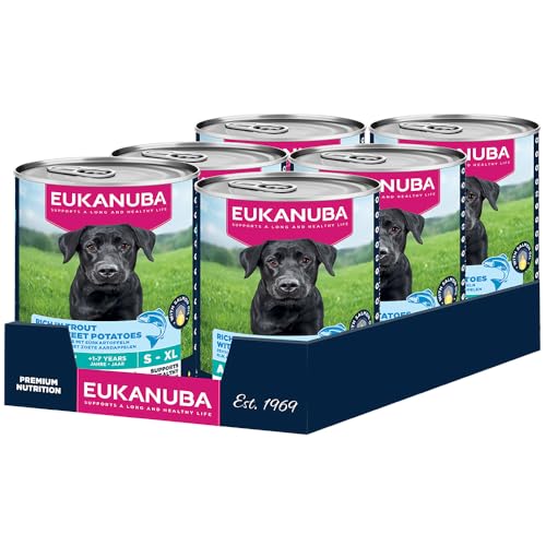 EUKANUBA Life Care Aliment Humide Chien Adulte 1 à 7 Ans Toutes Races, Pâtée Riche en Truite & Patates Douces, Oméga-3, Calcium, Prébiotiques MOS, sans OGM Colorants Conservateurs, 6 boîtes de 400g