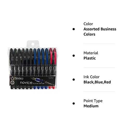 Thornton's Office Supplies Novice Disposable Fountain Pens Pack Of 12 Medium Point Assorted Business Colors 6 Black Ink 4 Blue Ink 2 Red Ink - Reusable Drawing Journaling Hand Lettering Calligraphy #TOP6