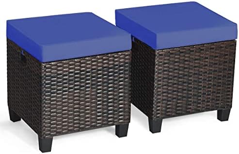Tangkula 2 Pieces Outdoor Patio Ottoman, All Weather Rattan Wicker Ottoman Seat, Patio Rattan Furniture, Outdoor Footstool Footrest Seat w/ Removable Cushions (Navy Blue)