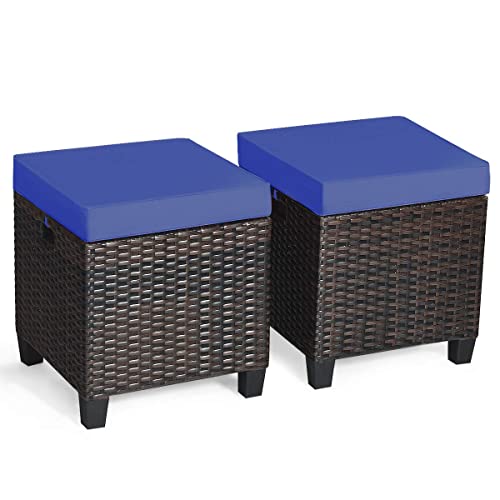 Tangkula 2 Pieces Outdoor Patio Ottoman, All Weather Rattan Wicker Ottoman Seat, Patio Rattan Furniture, Outdoor Footstool Footrest Seat W/ Removable Cushions (Navy Blue) #TOP4