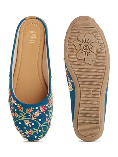 Image of OPIVE's Mehandi Women's Mojari Jutti Ethnic Punjabi Juttis Traditional Flat Embroidered Canvas Fancy Bellies Comfortable Sole for Womens & Girls