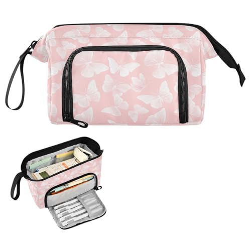Image of Sletend Pink Butterfly Pencil Case with Side Opening & Elastic Slots Durable Nylon Multi-Functional Pen Bag for Students Teachers Kids & Office Organization
