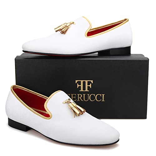 FERUCCI Men White Velvet Square Toe Gold Tassel Slippers Loafers Flats Prom Wedding3