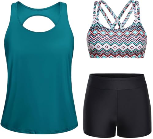 Image of Yonique 3 Piece Tankini Swimsuits for Women Swim Tank Top Bathing Suits with Boy Shorts and Bra Athletic Swimwear