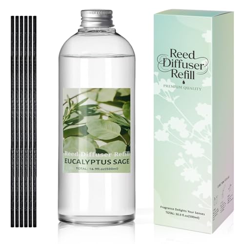 Image of STRN Reed Diffuser Refill, Eucalyptus and Sage Scent Diffuser 500ml | 16.9 oz with 6 Reed Sticks, Room Fresheners for Home, Long-Lasting Summer Fragrance for Living Room, Bedroom, Office