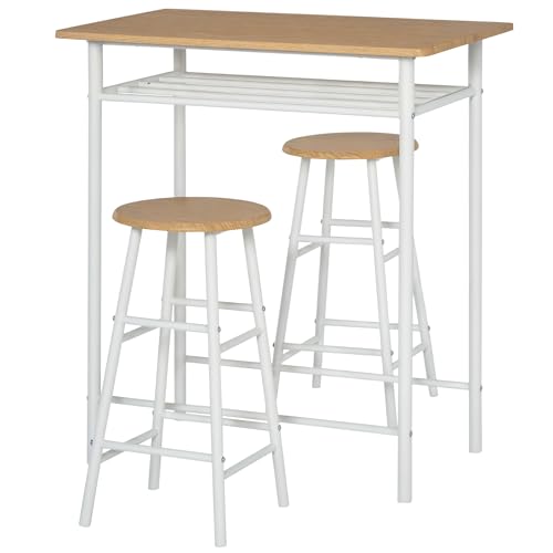 HOMCOM Juego de Mueble de Bar Set de Mesa Alta y 2 Taburetes con Estante de Almacenamiento y Marco de Metal para Cocina Comedor 80x50x90 cm Blanco