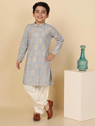 Image of KISAH Kid's Full Sleeves Cotton Blend Knee Length Printed Sky Blue Kurta Patiala Set (3-4Y)