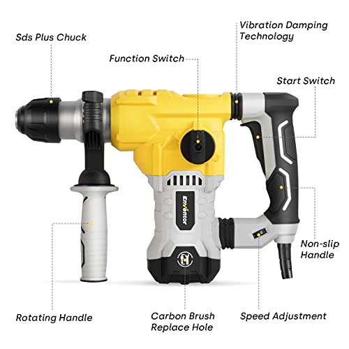 Rotary Hammer Drill, Enventor 1-1/4 Inch Sds-Plus 12A Heavy Duty Demolition Hammer Drills Corded For Concrete Stone, Safety Clutch 4 Functions With Vibration Control, Grease, Chisels, Drill Bits, Case #TOP4
