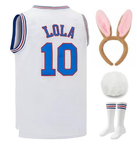 Lola 10 Bunny Space Mens Movie Jersey Looney Basketball Jersey Halloween Costumes Set with Bunny Head Hoop & Socks White M