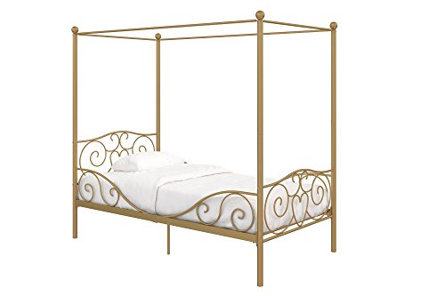 image for DHP Metal Canopy Kids Platform Bed with Four Poster Design, Scrollwork