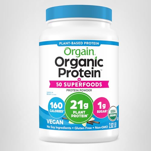 Orgain Organic Vegan Protein + 50 Superfoods Powder, Vanilla Bean - 21g Plant Based Protein, 8g Prebiotic Fiber, No Lactose Ingredients, Gluten Free, No Added Sugar, Non-GMO, 2.02 lb