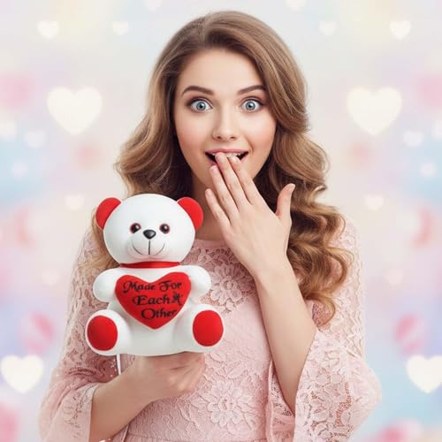 Image of ALVERO Cute Teddy Bear with Heart Cushion, Soft Plush Embroidered Heart Stuffed Toy, Gift for Girlfriend, Wife, Valentine, Anniversary & Birthday 13 x 11 x 20cm (Red & White)