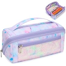 Large Pencil Case for Girls, Aesthetic Pencil Pouch for School, Wide Opening Organizer Box with Handle, Fits 50 Pens & Markers Glitter Purple Tie-Die