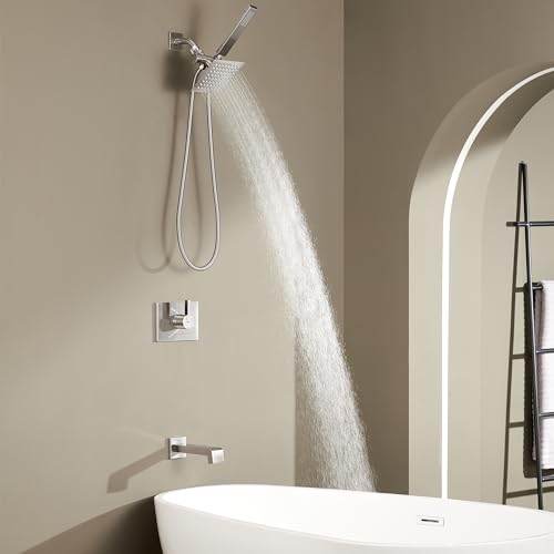 Juego de grifería para ducha con cabezal fijo de 6 pulgadas y duchador manual, incluye salida para bañera, diverter de 3 vías, acabado niquel cepillado miniatura 2