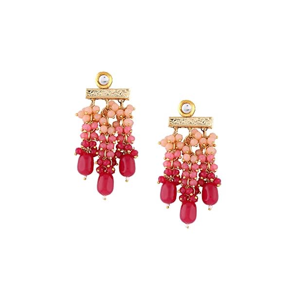 Zaveri Pearls Pink Cluster Beads Drop Kundan Dangle Yellow Gold Earring For Women-ZPFK13728