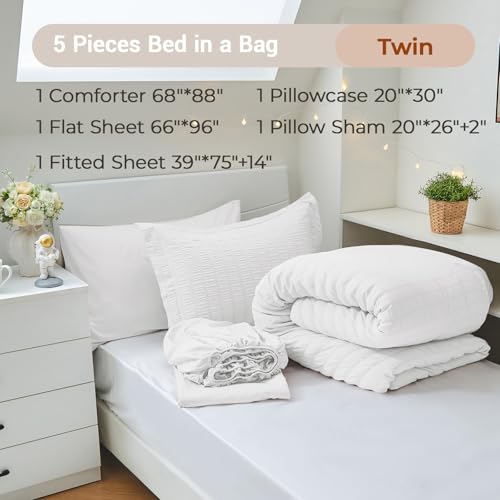 Image of MUXHOMO 5 Pieces Twin Comforter Set, Seersucker Bed in a Bag Twin Size, All Season Luxury Bedding Set with Comforter, Flat Sheet, Fitted Sheet, Pillowcase & Sham, White