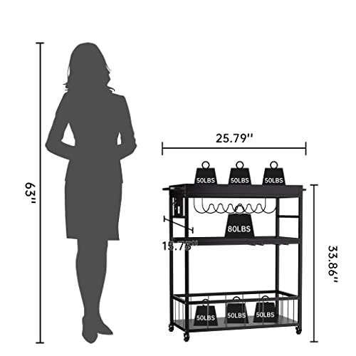 Ddj Black Bar Carts For The Home Bar Serving Cart,3 Tier Mobile Kitchen Storage Trolley,Wine Rack Cart,Glass Holder,Bottle Opener,Removable Tray,Outdoor Drink Beverage Mini Small Bar Cart With Wheels #TOP3