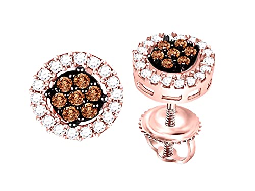 BRANDY DIAMONDORABLES 18K Rose Gold Silver Chocolate Brown Flower Halo earrings 1/4 Ctw.