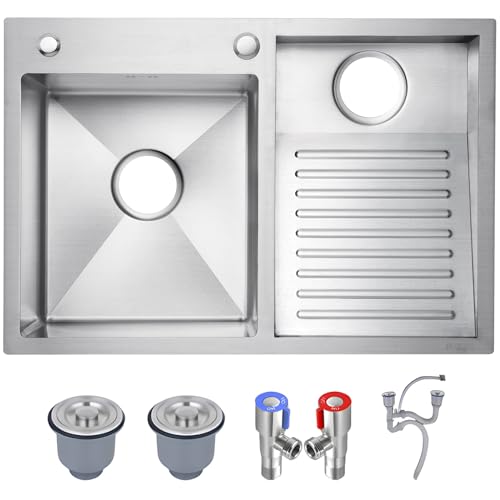 HZKSINNK Évier Utilitaire En Acier Inoxydable SUS 304 - Double Cuve Avec Planche À Laver Intégrée Évier À Linge, Facile À Nettoyer, Pour Buanderie, Salle De Bain, Cuisine Et Garage(Silver-R,70x48cm)