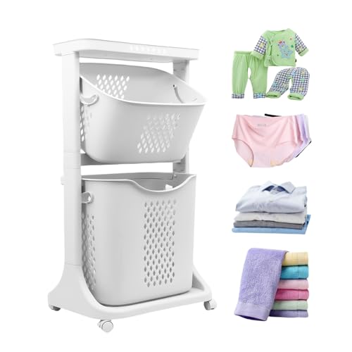 ALSO GO 2-Tier Household Laundry Hamper Sorter, White Removable Laundry Baskets, Portable Rolling Freestanding Plastic Laundry Hamper with 4 Wheels for Organizing Clothes, for Home, Bathroom, Dorm