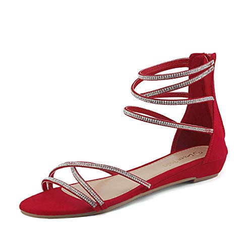 DREAM PAIRS Women s Weitz Red Ankle Strap Rhinestones Low Wedge Sandals - 10 M US