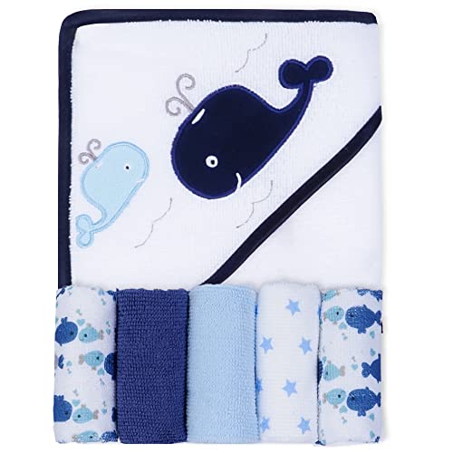 Image of Viviland Baby Towels and Washcloths, Soft Absorbent Baby Boy Bath Towel Set, Whale Hooded Towels with 5 Infant Washcloths，(6 Pieces)