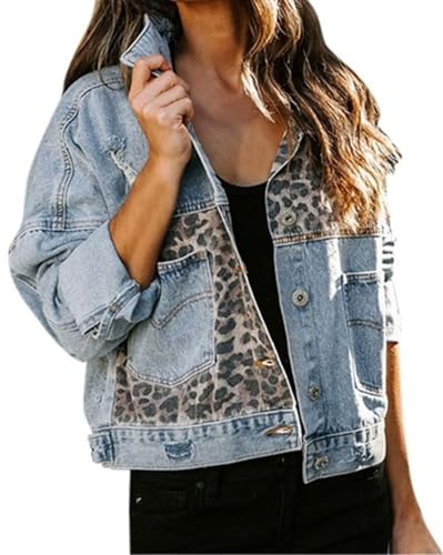 Nvziyichu Women's Cotton Blend Denim Leopard Print Panelled Jacket (Large, Light Blue)