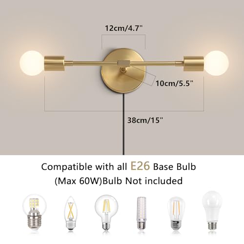 Image of KCO Lighting Gold Plug in Wall Sconce 2 Light Bathroom Vanity Light Plug in Brass Wall Reading Light Mid Century Modern Bathroom Wall Scones for Hallway Living Room Dining Room