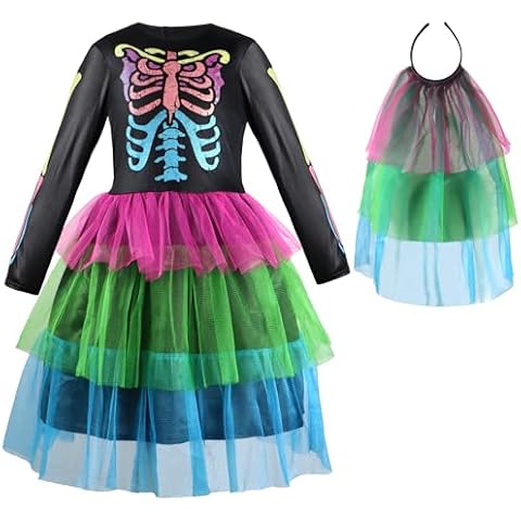 IKALI Kids Girls Halloween Skeleton Costume, Colorful Bones Fancy Dress Outfit with Veil 3-10Y Cover