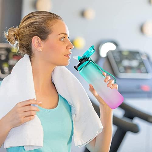 Aquasilo - Motivational Time Marked BPA Free Water Bottle - Leakproof 1L Water Bottle for Men, Women & Kids, Reusable, 1-Click Open with straw (Green + Pink)