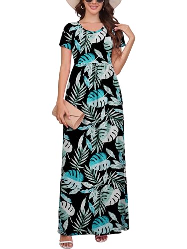 DEARCASE Women Floral Maxi Dress Black Rainforest X-Large Round Neck Boho Short Sleeve Sundresses A-line Casual Hawaiian Flowy Party Spring Summer Vacation Beach Long Dresses with Pockets