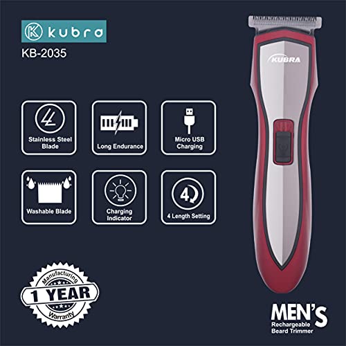 Image of Kubra KB-2035 USB Charging Rechargeable 40 minutes runtime Professional Hair Clipper for Beard and Hair Trimmer (Red)