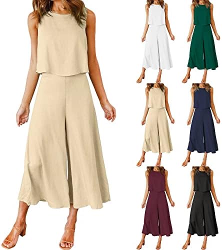Womens 2 Piece Outfits Casual Crewneck Tank Crop Tops Elastic Waist Wide Leg Pants Matching Lounge Sets Tracksuits(A01-Khaki,Medium)