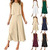 Womens 2 Piece Outfits Casual Crewneck Tank Crop Tops Elastic Waist Wide Leg Pants Matching Lounge S
