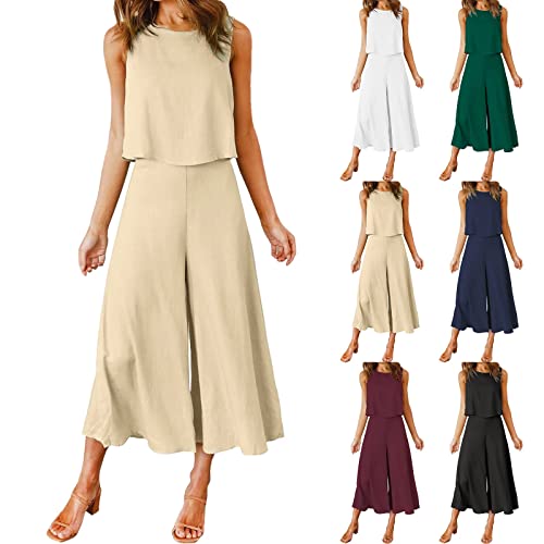 Womens 2 Piece Outfits Casual Crewneck Tank Crop Tops Elastic Waist Wide Leg Pants Matching Lounge Sets Tracksuits(A01-Khaki,Medium) #TOP1