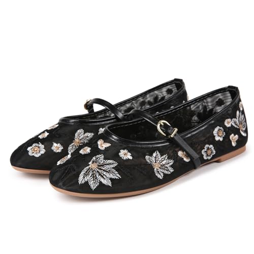Image of MRKEWUNEY Mesh Ballet Flats for Women Embroidered Floral Round Toe Mary Jane