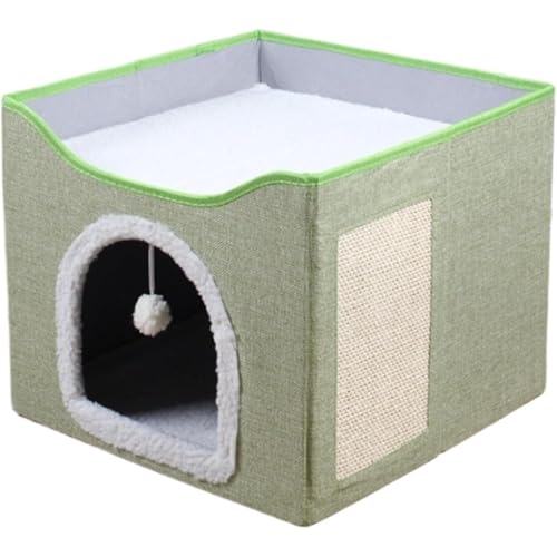 GrnArt キャットハウス 猫砂 猫部屋 猫ベッド 折りたたみ機能付き 猫箱 おもちゃボール付き ペットハウス 猫小屋 犬小屋 多機能 猫用スクラッチボード 折りたたみペットスツール 収納スツール (グリーン)