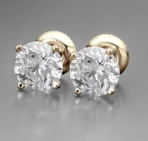2 Carat Round Cut Lab Created Diamond Stud Earrings, 14K Yellow Gold Plated, Sterling Silver, Screw Back