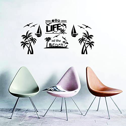Anfrjji Beach Life Wall Decal - Sailboat, Coconut, And Petrels Sticker - Whimsical Beach Theme Vinyl Wall Lettering - Removable Pvc Wall Decor For Living Room, Bedroom, And Study - Life Is Better At The Beach - Effect 17"X35"Inch (Black-Jwh276-Beach) #TOP7