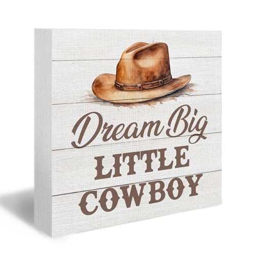 Image of DUXMNAMG Western Cowboy Wood Box Sign, Dream Big Little Cowboy, Brown Wooden Block Plaque Box Sign, 5x5 Inches, Tabletop Decor