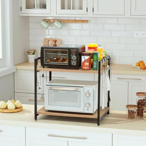 Image of REMANENCE Microwave Stand, Oven Stand for Kitchen Storage Shelf, 2 Tier Microwave Rack with Hanging Plastic Hooks - Tiered Shelf - Heavy Metal Frame with Engineered Wood