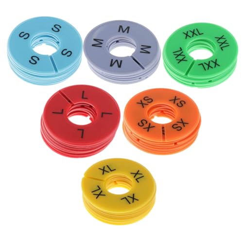 TOYANDONA Separadores de Tallas para Ropa Redondos de Plástico 30 Unidades 6 Colores XS Naranja S Azul Claro M Gris L Rojo Xl Amarillo Xxl Verde Organizadores para Percheros y