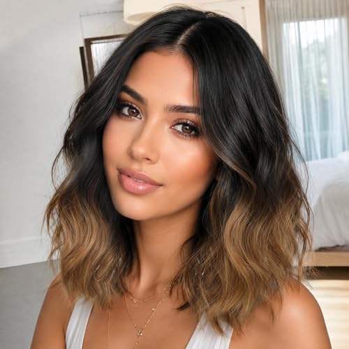 Image of Eawwii Ombre Brown Short Wavy Wig for Women Lace Hairline Bob Style Synthetic Heat Resistant - Natural Appearance for Everyday Hairstyle 14 Inch | Glueless 4x1 Lace Hairline, Heat-Resistant Fiber,Bob Wave Style,Natural Appearance for Everyday Cosplay 14 Inch